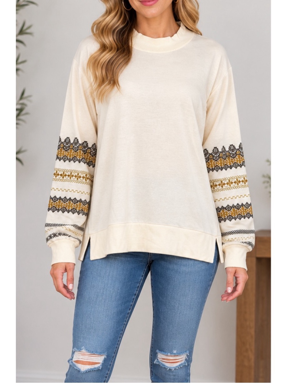 Mystree Cream Pullover Mock Neck Sweater featuring embroidered sleeves